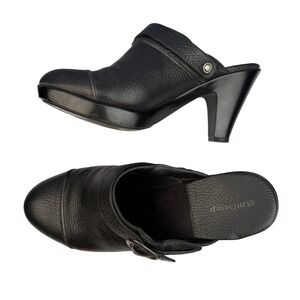 EUROstep Leather Heeled Clog 9.5M Mules Black Platform Slip On Buckle Strap